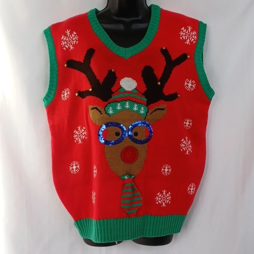Christmas Sweater Vest XL Red Green Holiday Design Rudolph, 23